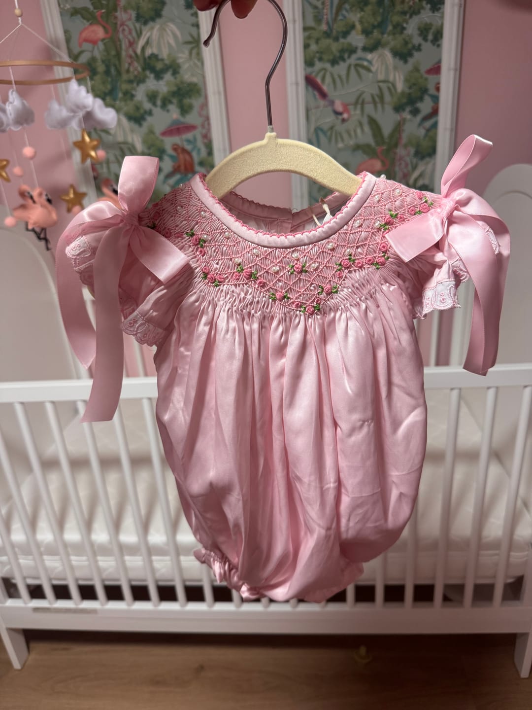 Customer photo review of Pink Satin Rosette & Pearls Smocked Bishop Bubble