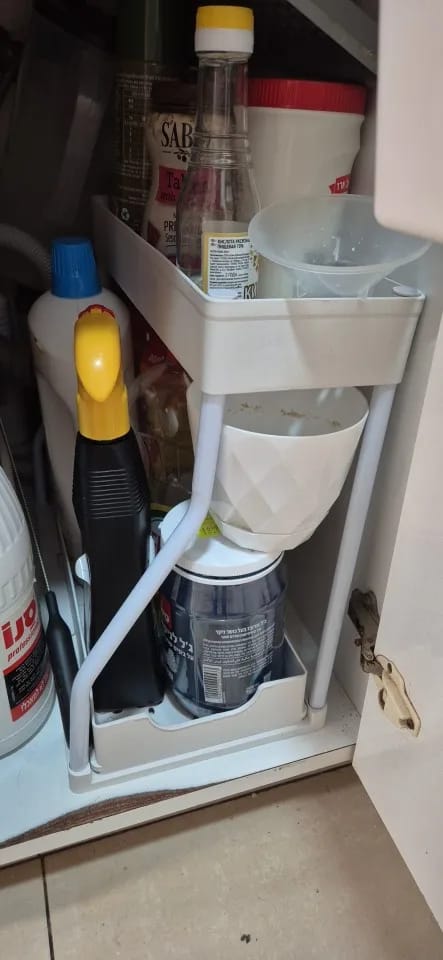 Customer photo review of Space Saving 2-Tier Under-Sink Pull-Out Storage Organizer for Kitchen & Bathroom
