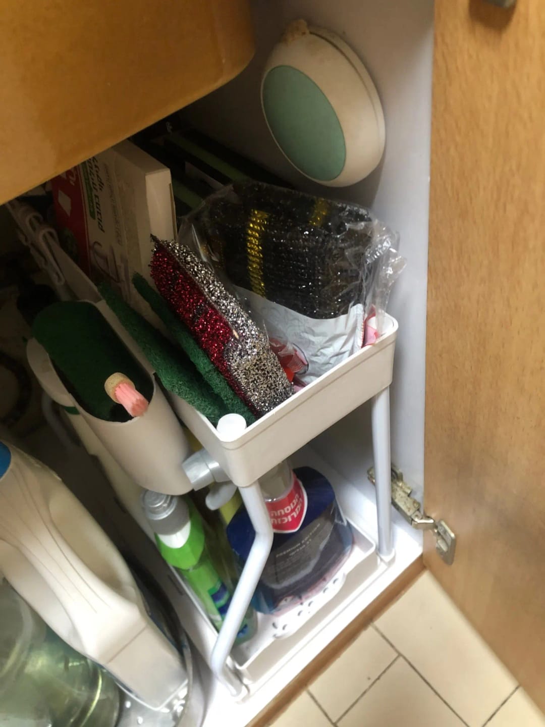 Customer photo review of Space Saving 2-Tier Under-Sink Pull-Out Storage Organizer for Kitchen & Bathroom