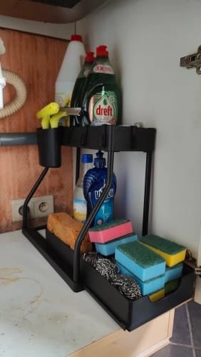 Customer photo review of Space Saving 2-Tier Under-Sink Pull-Out Storage Organizer for Kitchen & Bathroom