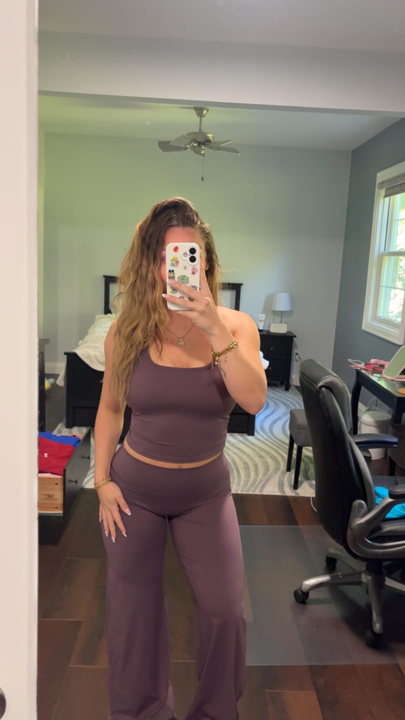 Customer photo review of Deep Plum Straight Leg Pant
