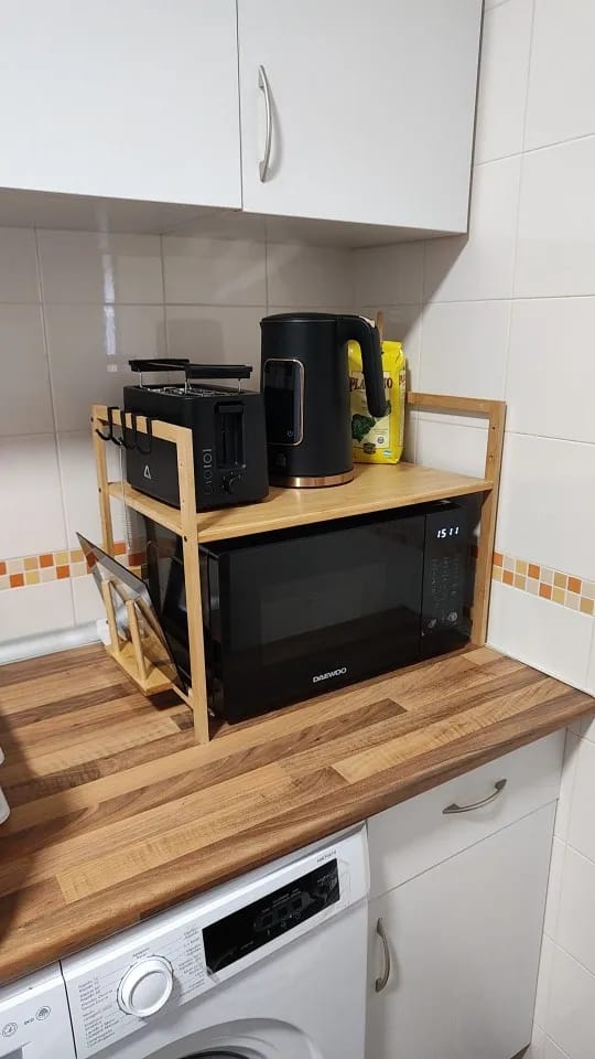 Customer photo review of Bamboo Double-Layer Countertop Microwave and Oven Storage Shelf Rack