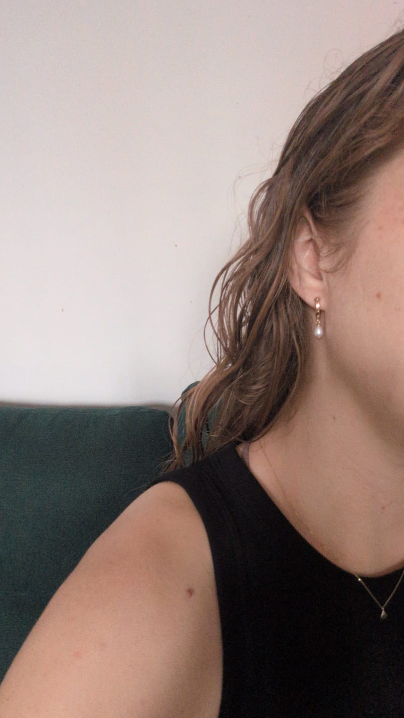 Customer photo review of Huggie Hoops + Tiny Pearl Drop Charm