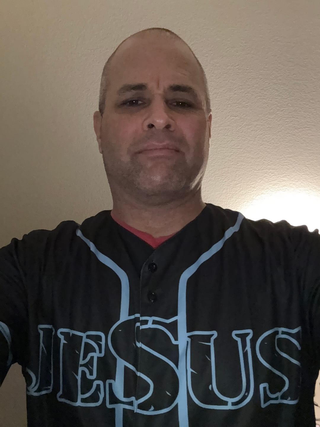 Customer photo review of Christianartworkshop Jesus Cross Nail and Crown of Thorns Baseball Jersey