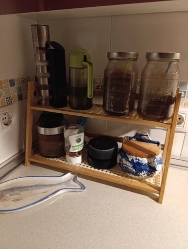 Customer photo review of 2-Tier Retro Bamboo Storage Shelf - Countertop Organizer for Kitchen & Dressing Table