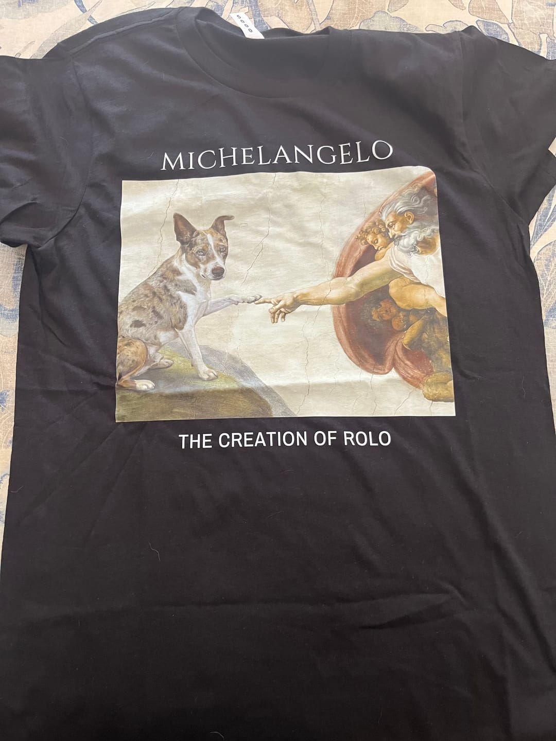 Customer photo review of Personalized Michelangelo Dog T-Shirt – The Creation of Your Dog