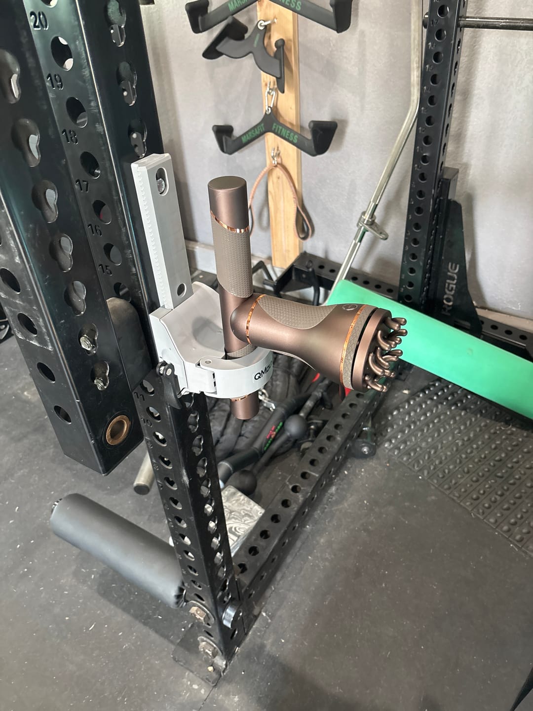 Customer photo review of QMount Massage Gun Holder - Power Rack Mount with 12" rail