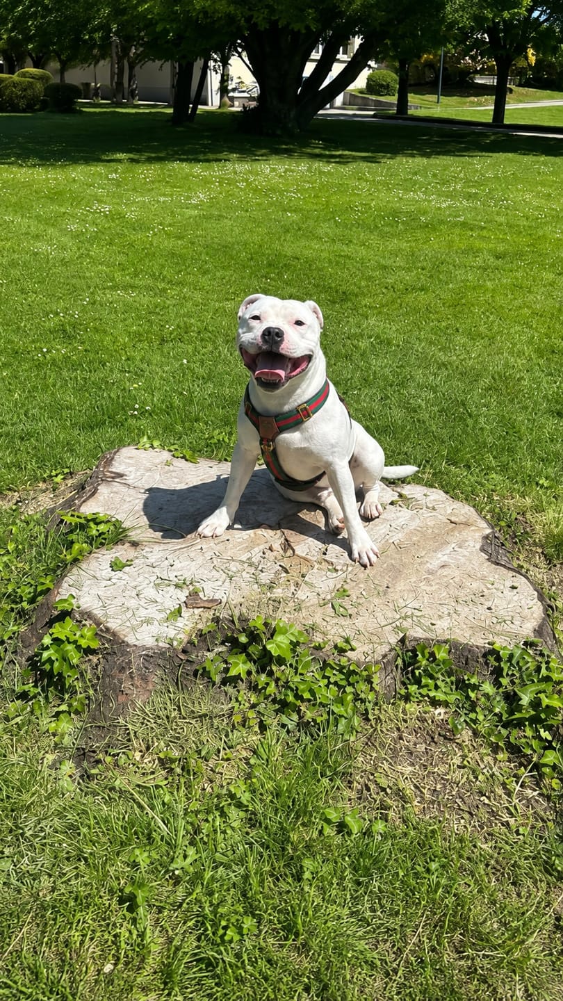 Customer photo review of Staffordshire Bull Terrier 1935® Harness & Leash Set - Rosso Verde Edition