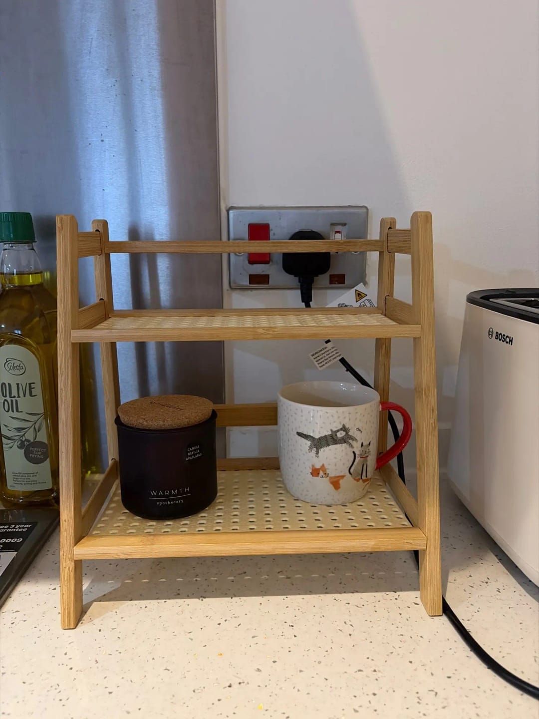 Customer photo review of 2-Layer Bamboo Countertop Organizer Coffee Cup Holder for Kitchen & Home