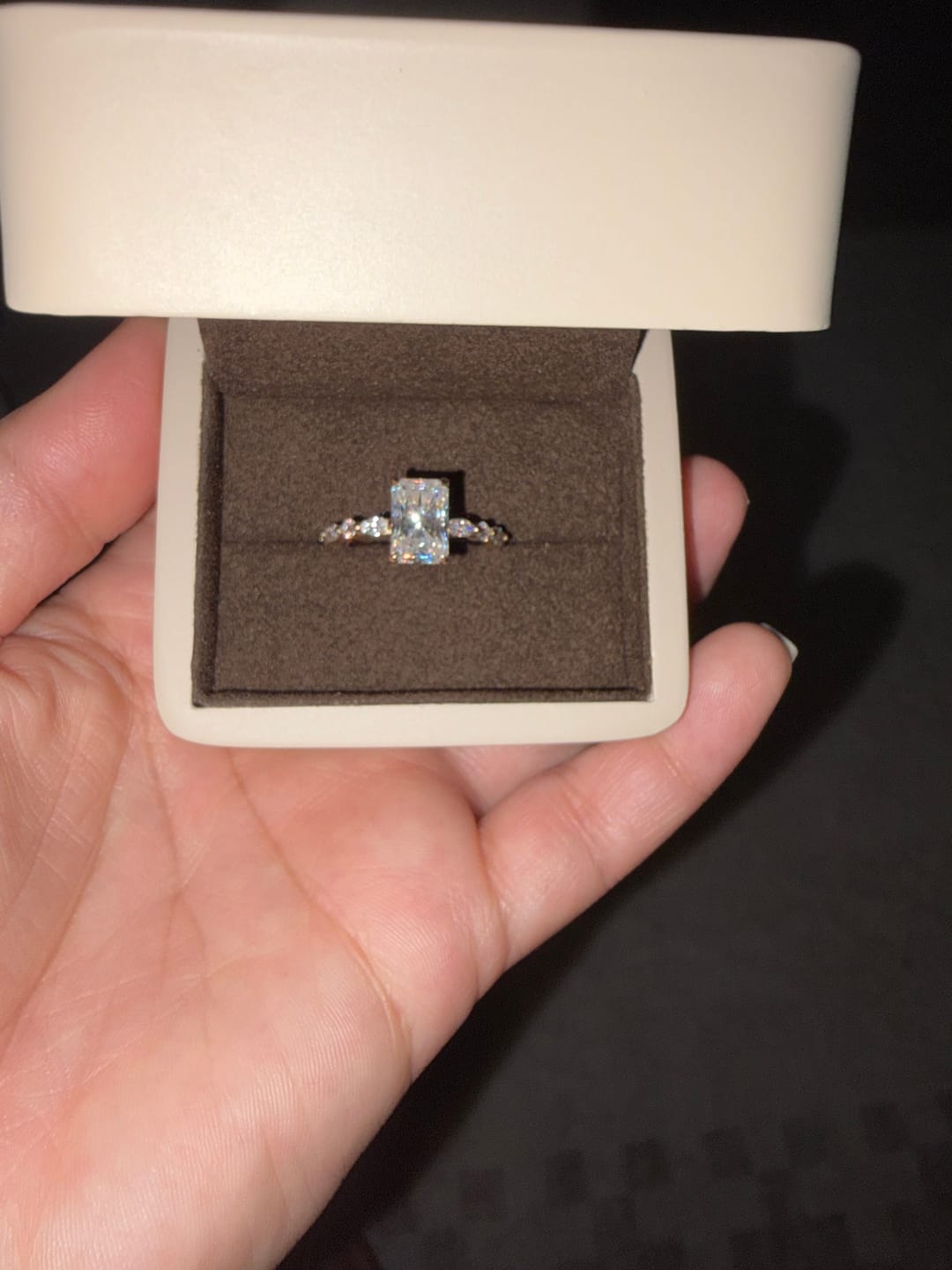 Customer photo review of Erica 2 Carat Radiant With Side Stones and Hidden Halo Moissanite Engagement Ring in 14k Yellow Gold