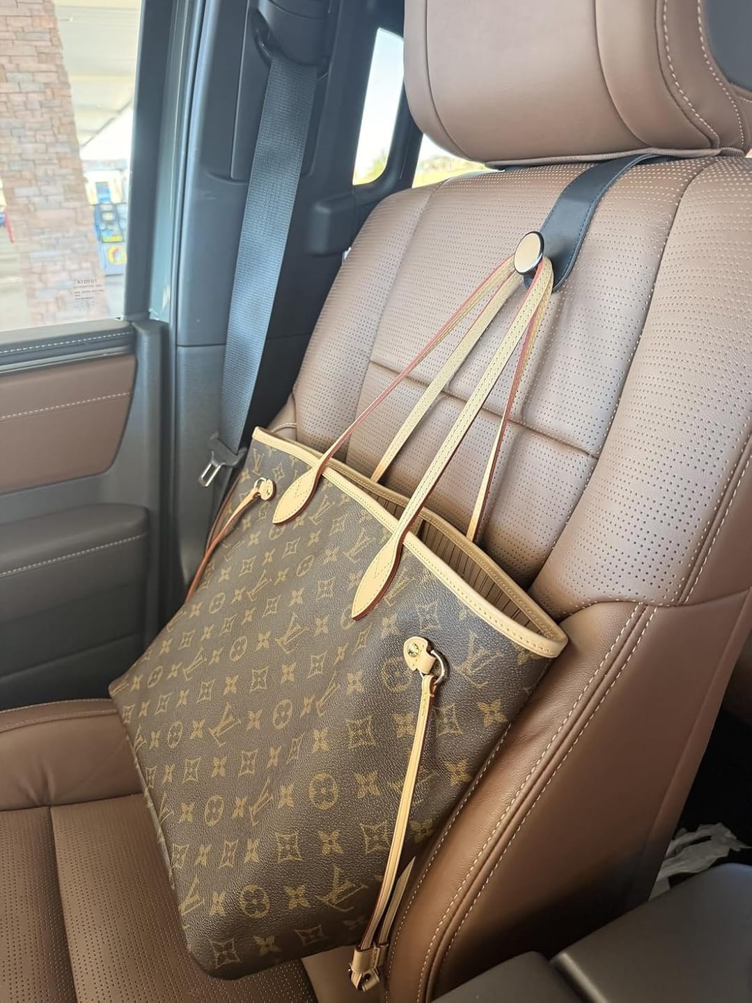 Customer photo review of BOLTHUT™ Leather Car Headrest Hooks — Back-Seat Bag Hangers