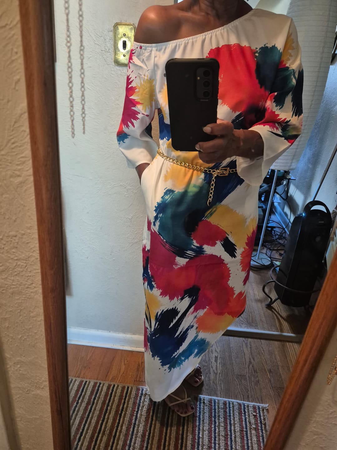 Customer photo review of Long Sleeves Loose Asymmetric Contrast Color Pockets Printed One-Shoulder Maxi Dresses