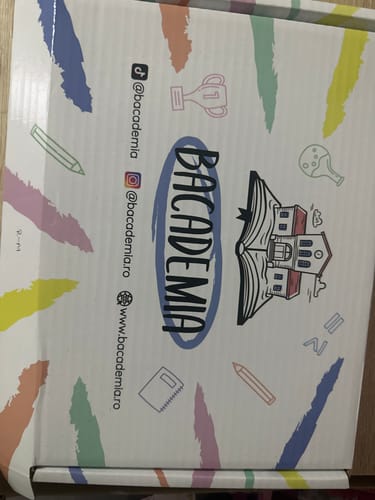 Customer's packaging for Bacademia Evaluare Națională showing a colorful box with educational illustrations.