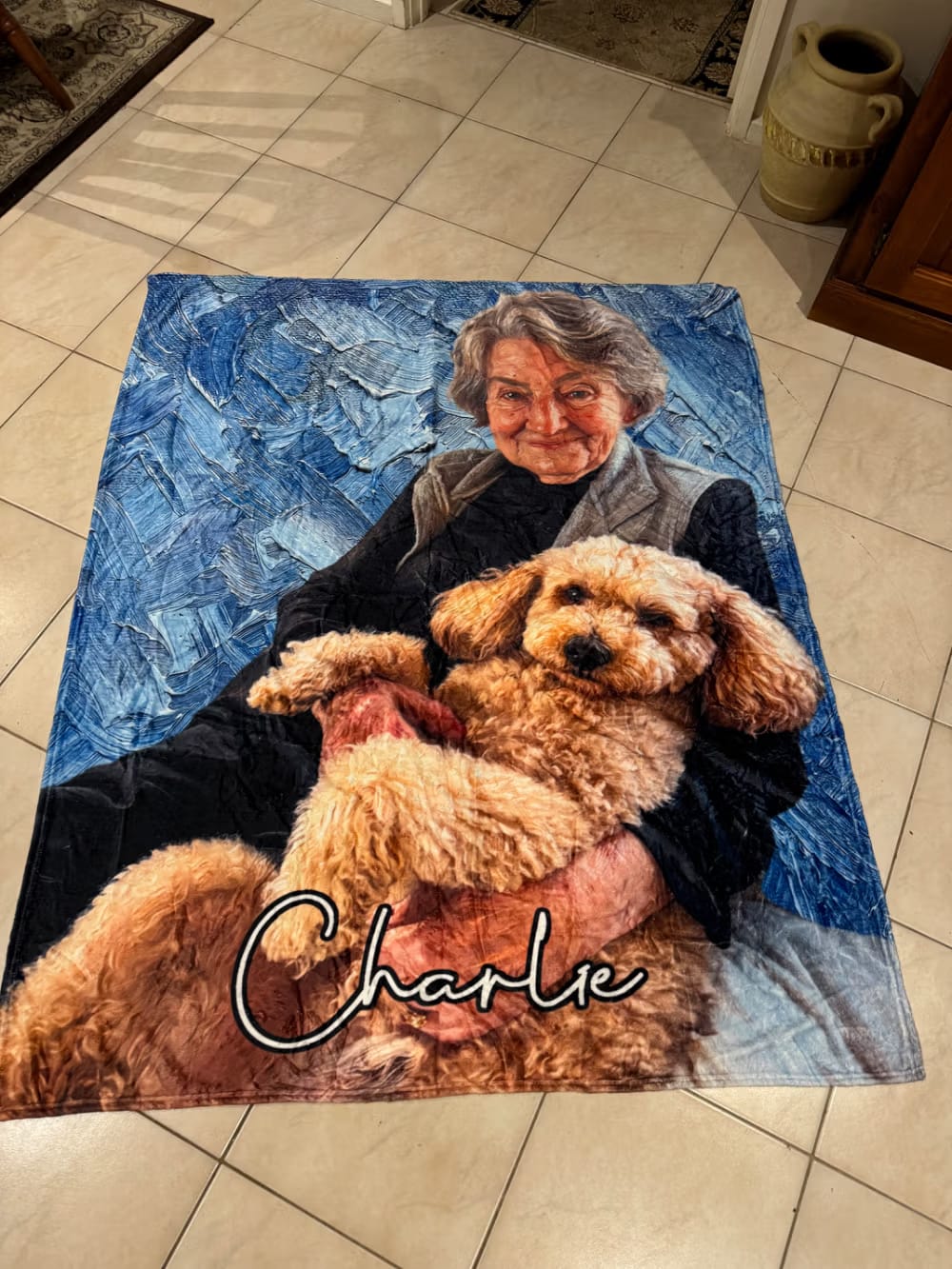 Customer photo review of Personalized Oil Painting Style Pet Photo Soft Throw Blanket with Name Home Decor Birthday Pet Memorial Gift for Pet Lovers