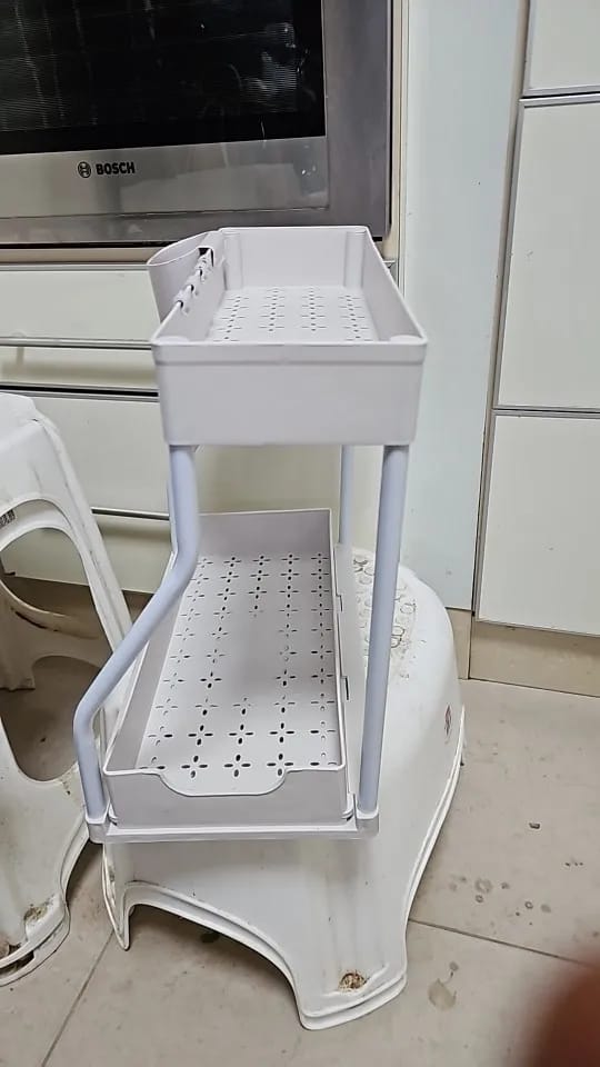 Customer photo review of Space Saving 2-Tier Under-Sink Pull-Out Storage Organizer for Kitchen & Bathroom