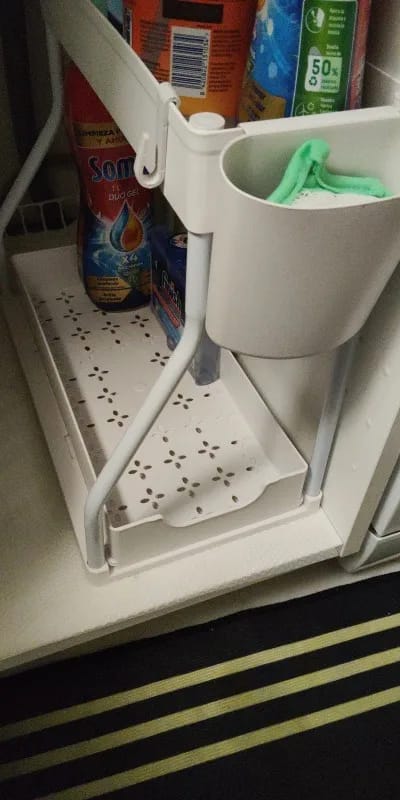 Customer photo review of Space Saving 2-Tier Under-Sink Pull-Out Storage Organizer for Kitchen & Bathroom