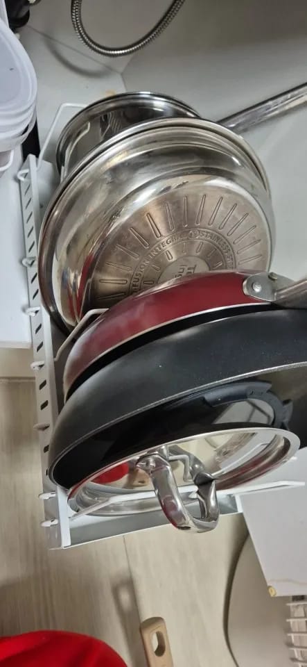 Customer photo review of Under-Cabinet Sliding Pots and Pans Organizer with 8 Adjustable Dividers