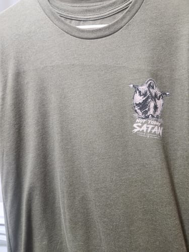 Customer's olive Not Today Satan Uzi T-Shirt, showing the graphic print on the chest.