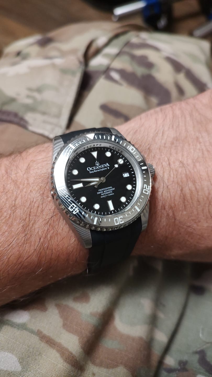 Customer photo review of Oceaneva Mens Deep Marine Explorer II Black Damascus Steel Dial Watch