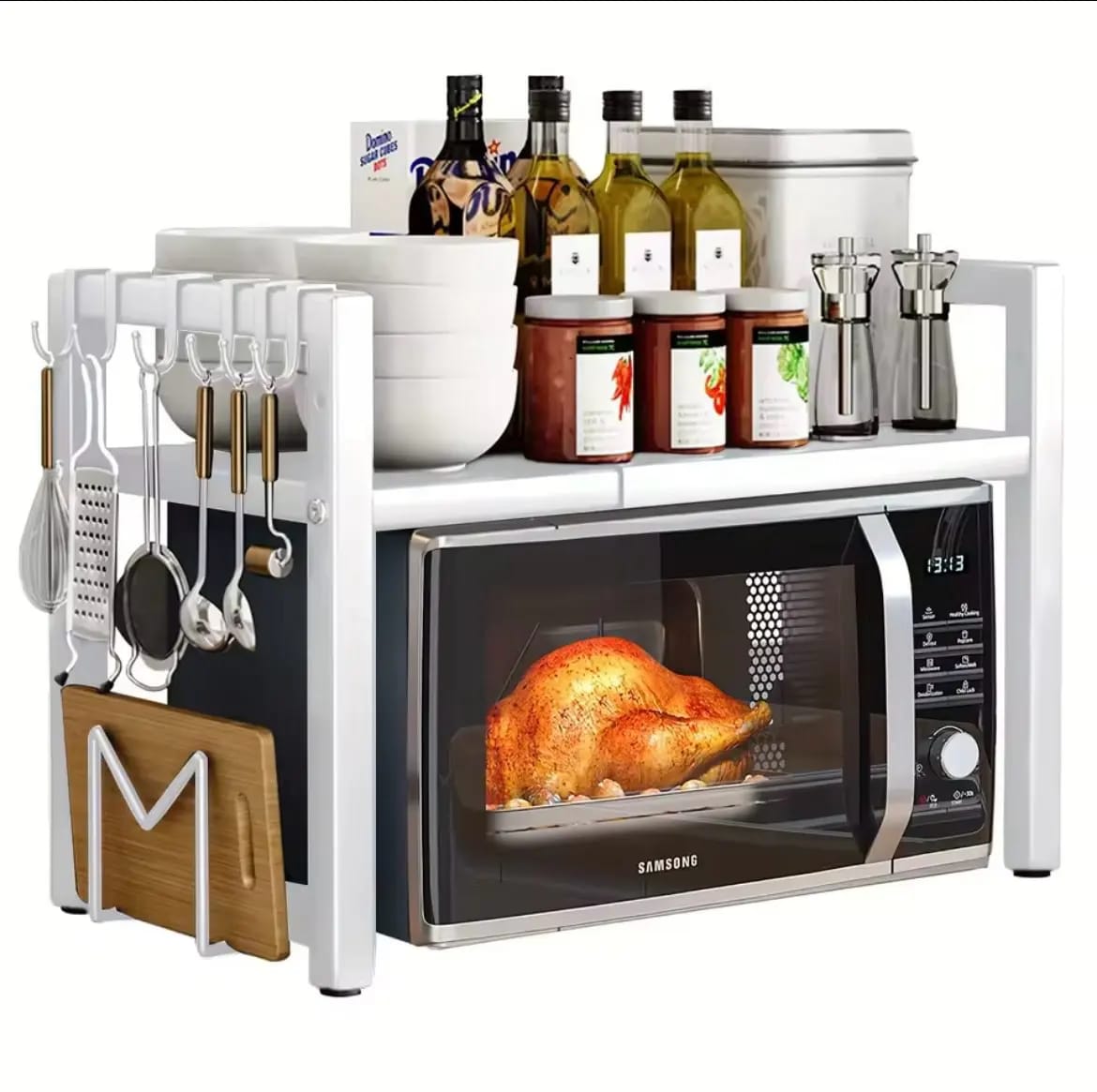 Customer photo review of Expandable Microwave Shelf with 6 Hooks Kitchen Storage Rack Extendable 40-64cm