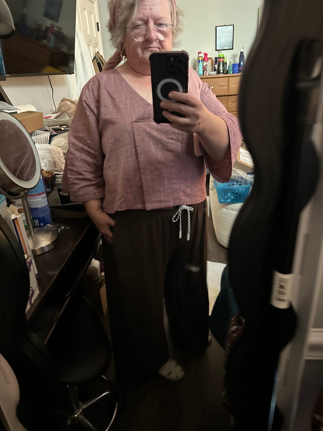 Customer photo review of Maroon Yarn Dyed 100% Cotton V-Neck Loose Fit Top