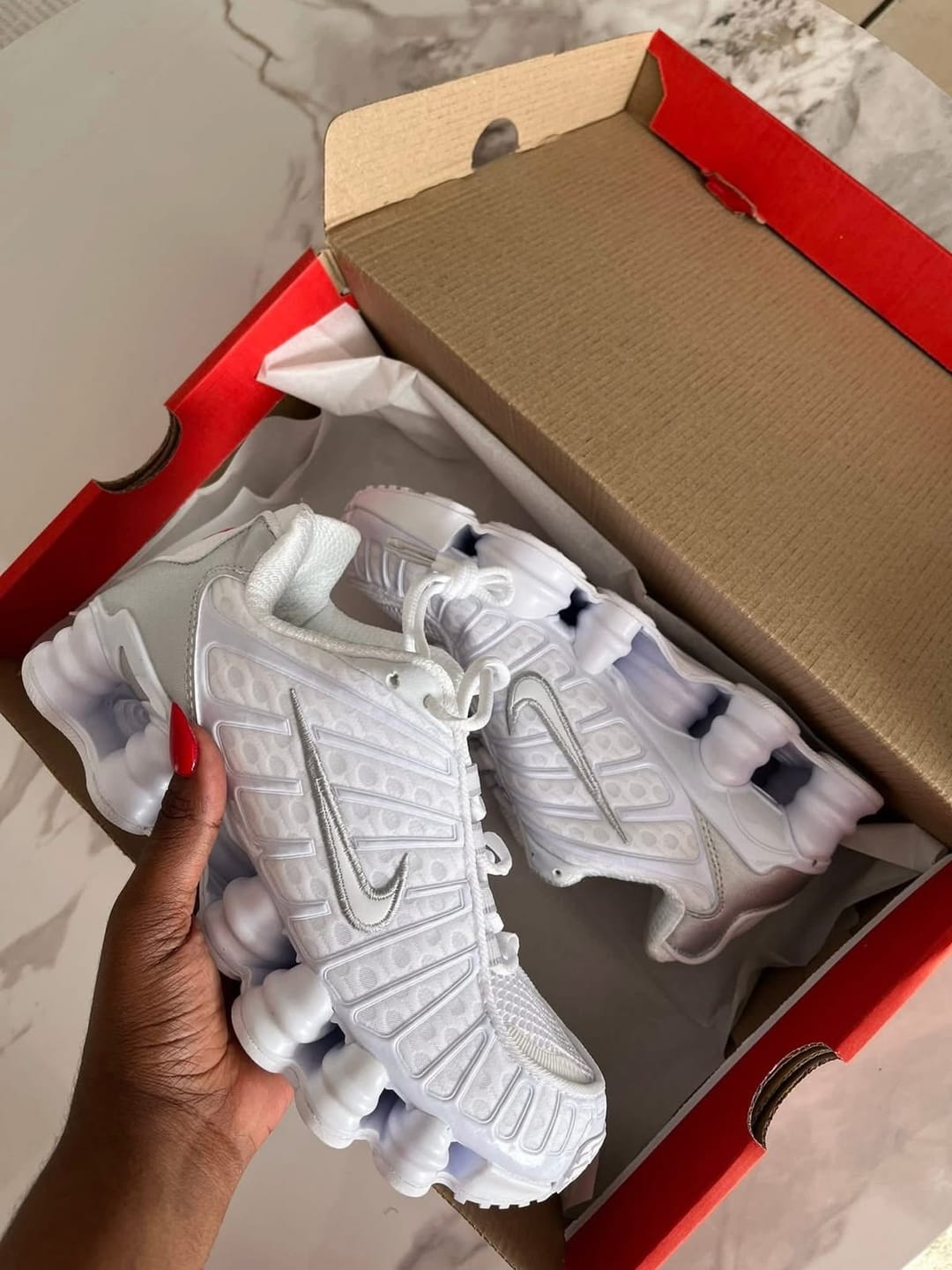 Customer photo review of Shox TL "White" sneakers
