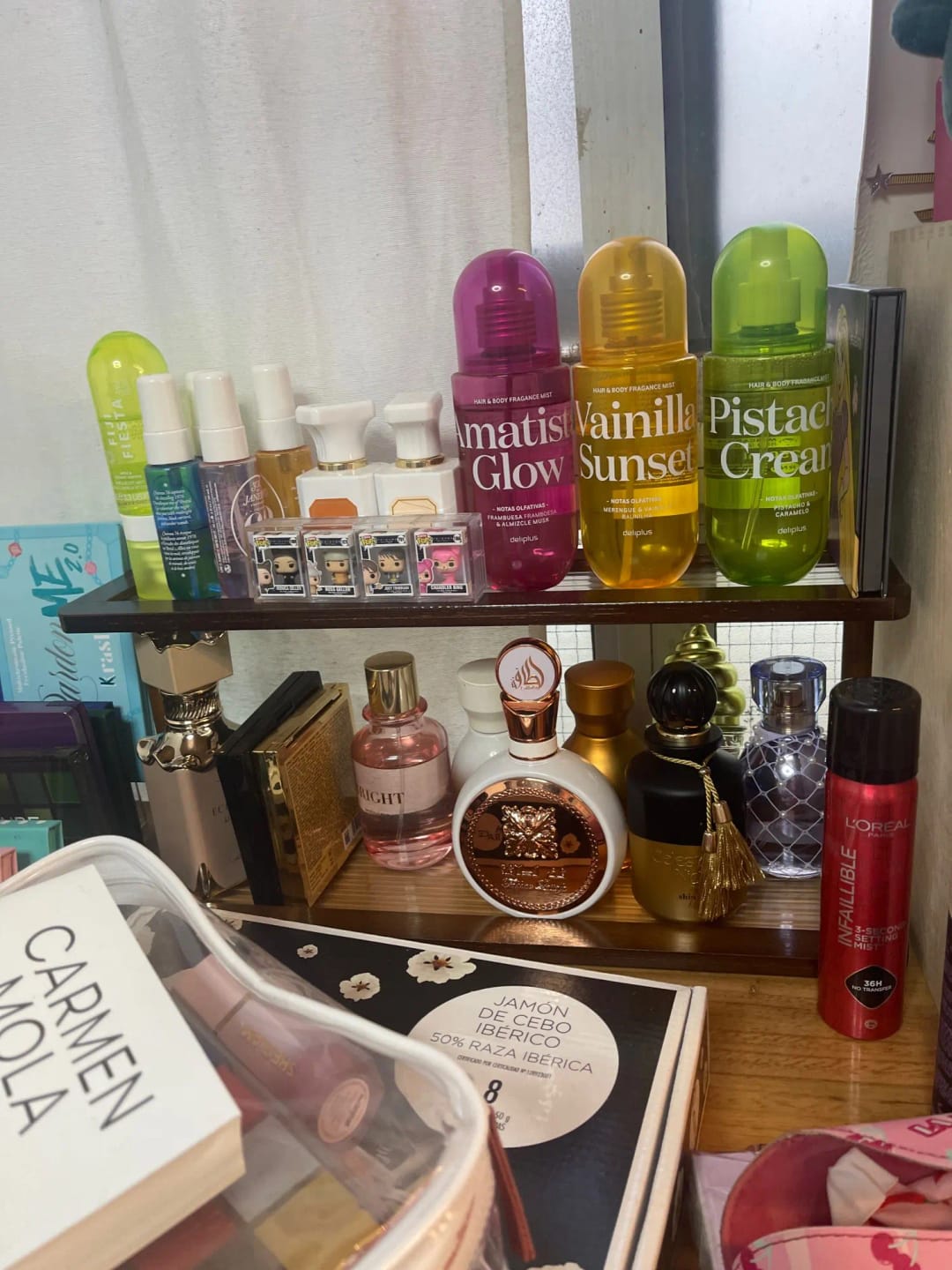 Customer photo review of 2-Tier Bamboo Countertop Shelf with Clear Acrylic Bottom for Cosmetics & Spices