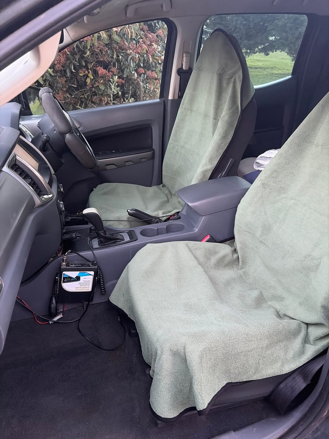 Customer photo review of Waterproof Car Seat Towel – Moss Green | Towel Society