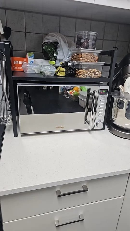 Customer photo review of Expandable Microwave Shelf with 6 Hooks Kitchen Storage Rack Extendable 40-64cm