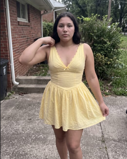 Customer photo review of Marabelle Eyelet Fit-and-Flare Mini Dress