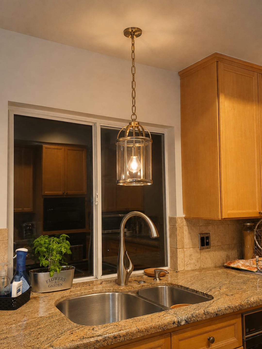 Customer photo review of Brass Mini Lantern Clear Glass Cylinder Single Pendant