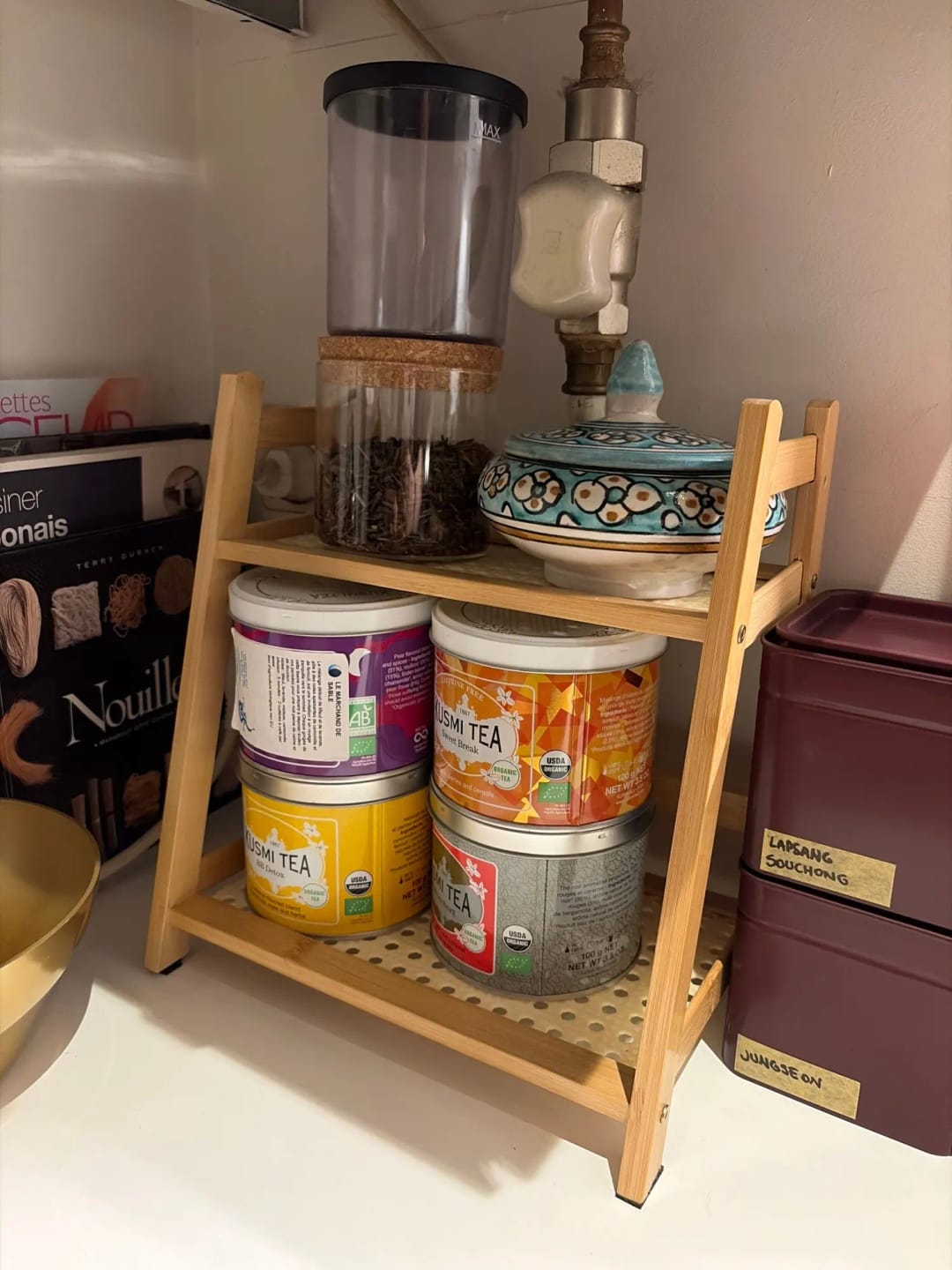 Customer photo review of 2-Tier Retro Bamboo Storage Shelf - Countertop Organizer for Kitchen & Dressing Table