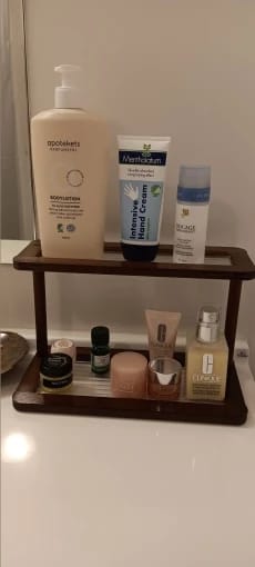Customer photo review of 2-Tier Bamboo Countertop Shelf with Clear Acrylic Bottom for Cosmetics & Spices