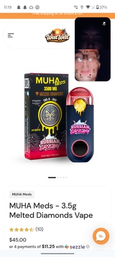 Reviewer's screenshot showing the MUHA Meds Melted Diamonds vape packaging and device with Russian Cream flavor label.