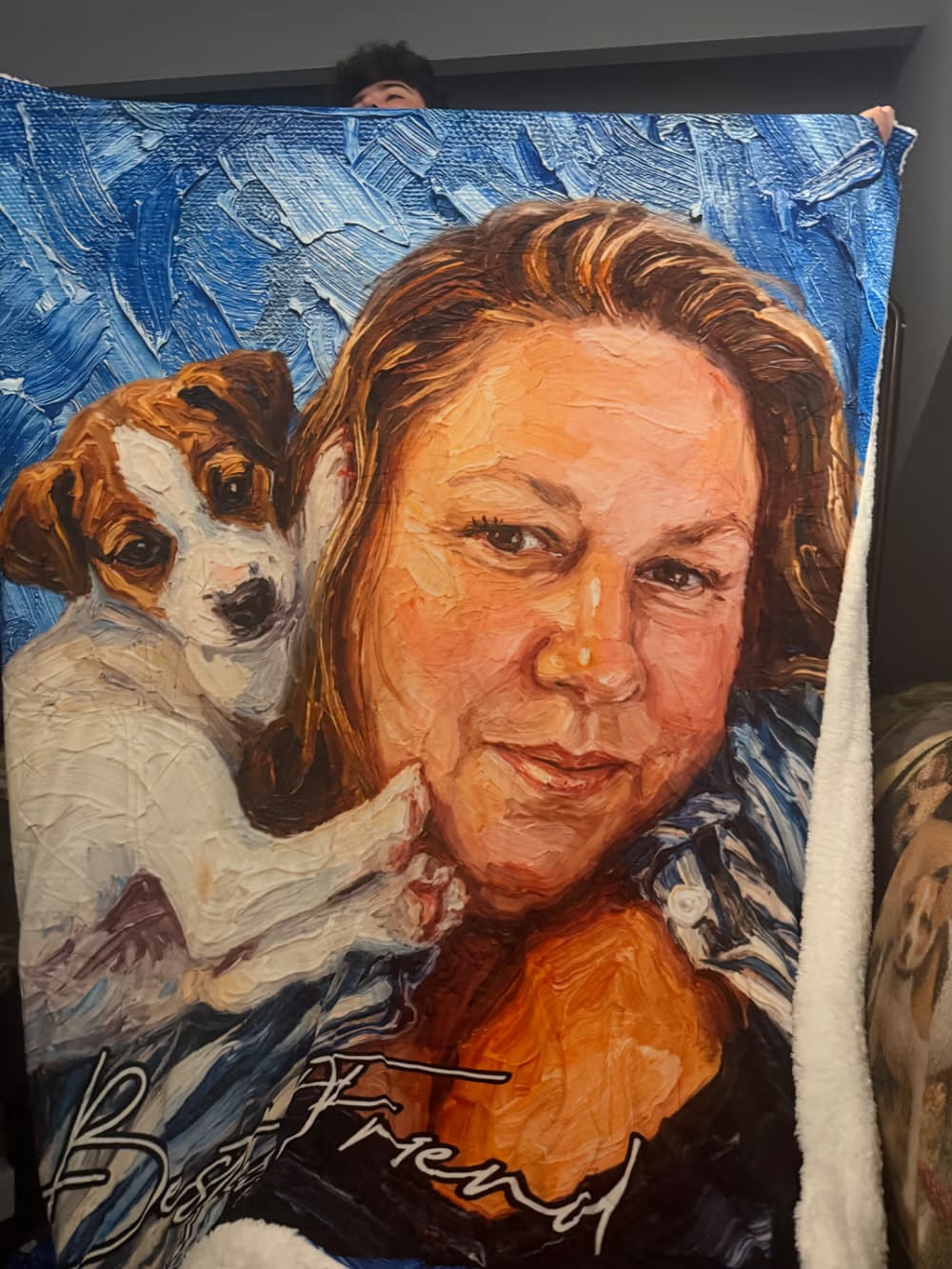 Customer photo review of Personalized Oil Painting Style Pet Photo Soft Throw Blanket with Name Home Decor Birthday Pet Memorial Gift for Pet Lovers