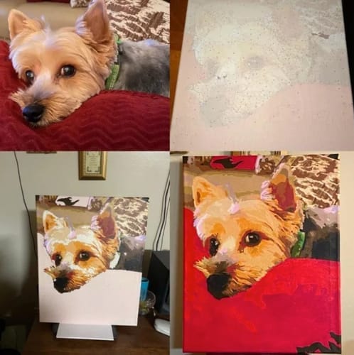 Customer's Custom Paint by Numbers showing a four-part progress collage of a pet puppy portrait