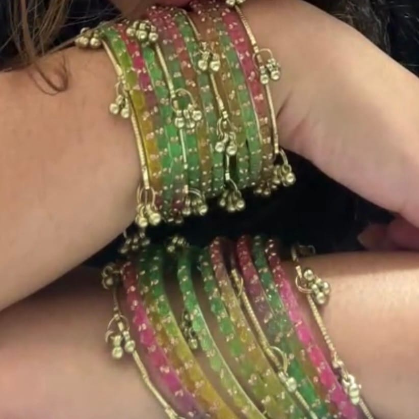 Customer photo review of Rainbow Glass Bangles Set | Kashmiri Gold Ghungroo Bangles  | Multicolor Glass Bridal Bangles | Rose Pattern Raindrop Bangle