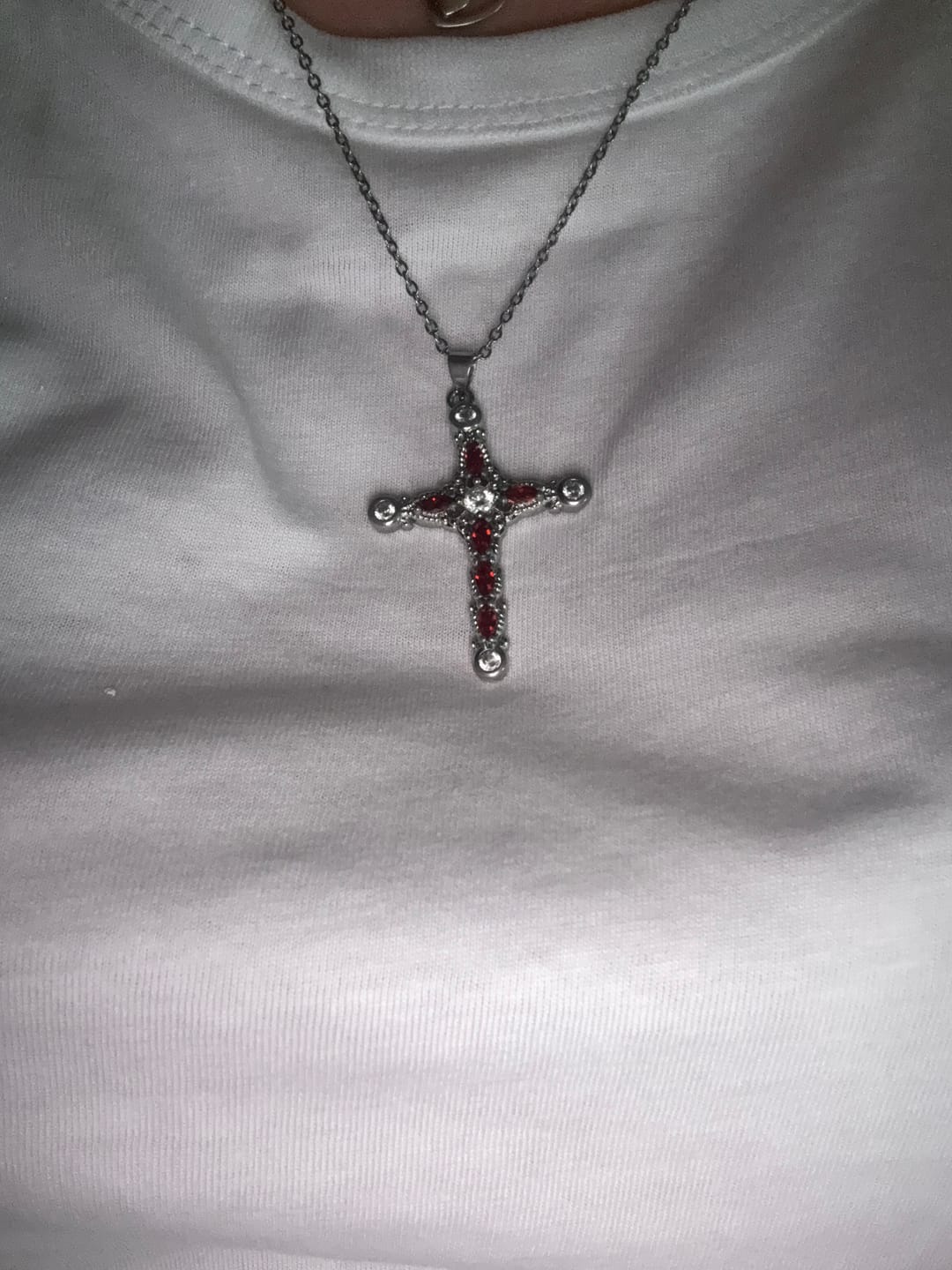 Customer photo review of Azura - Crystal Cross Necklace Silver
