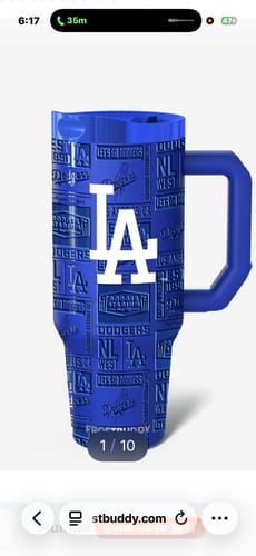 Customer's blue LA Dodgers Thicc Buddy mug with a logo design and handle.