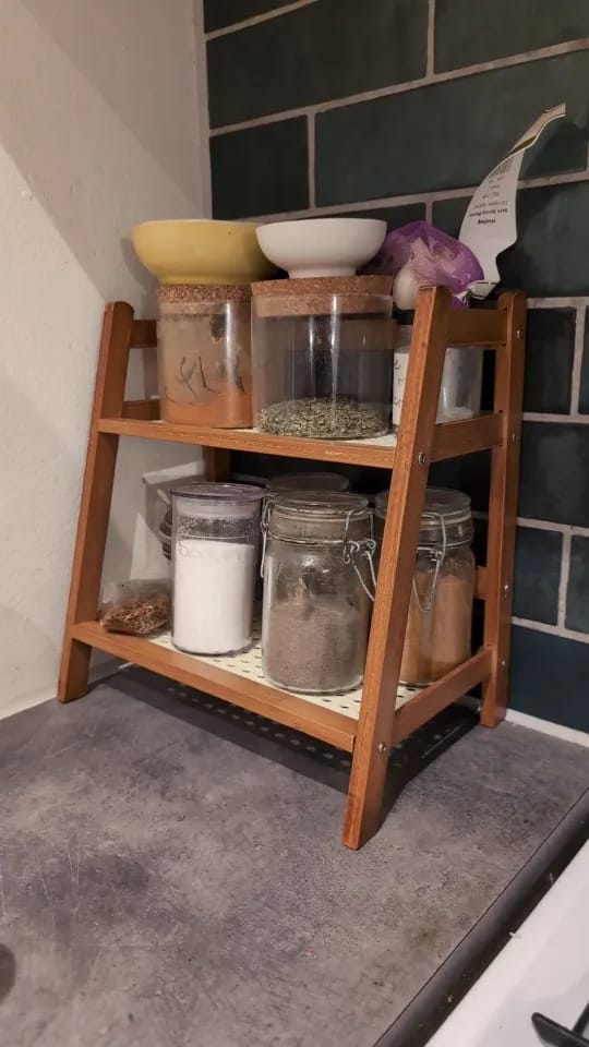 Customer photo review of 2-Tier Retro Bamboo Storage Shelf - Countertop Organizer for Kitchen & Dressing Table
