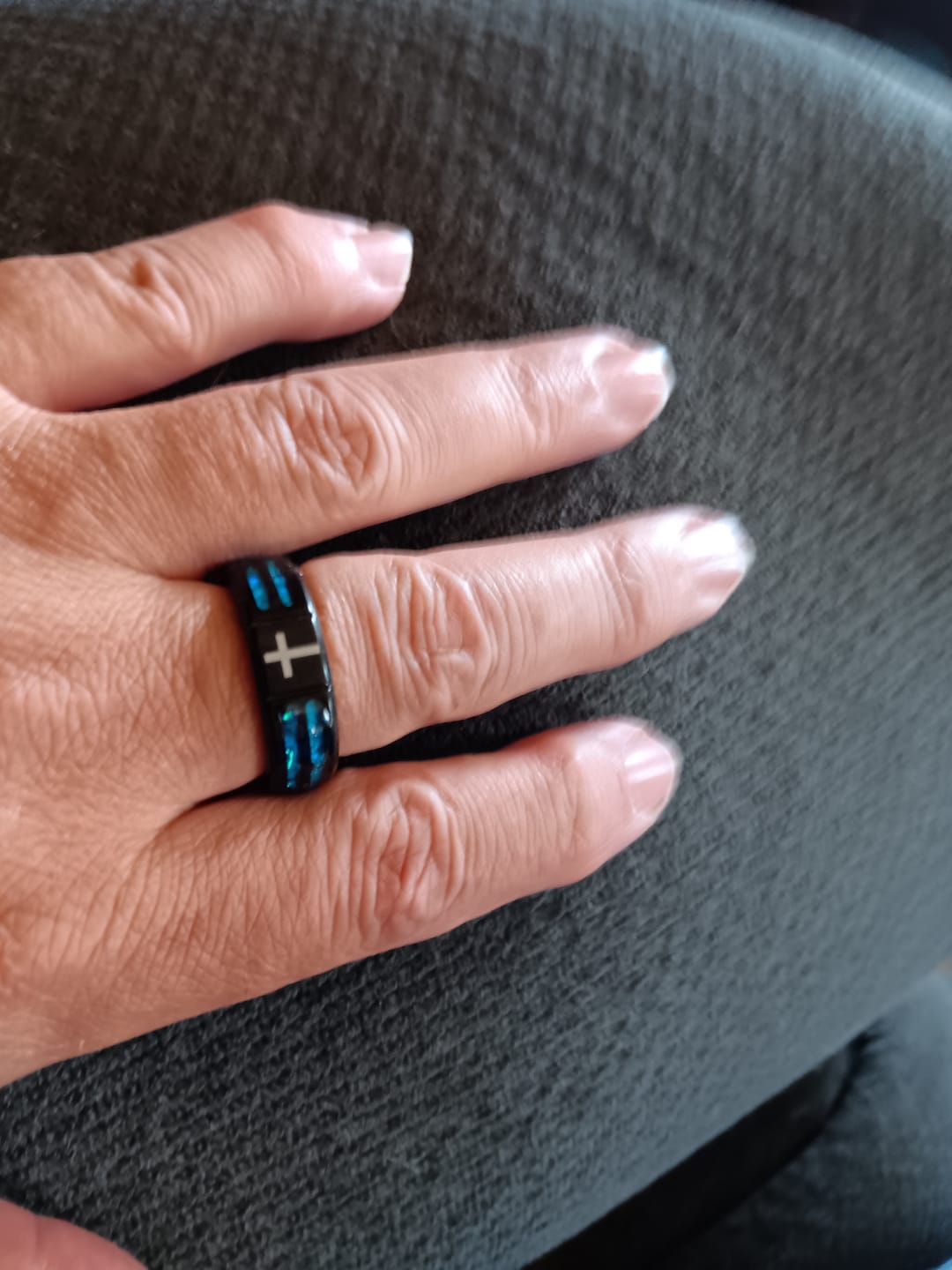 Customer photo review of FREE Today: Modern Titanium Steel Cross Ring with Laser Blue Inlay: Serenity in Christ's Blue Light