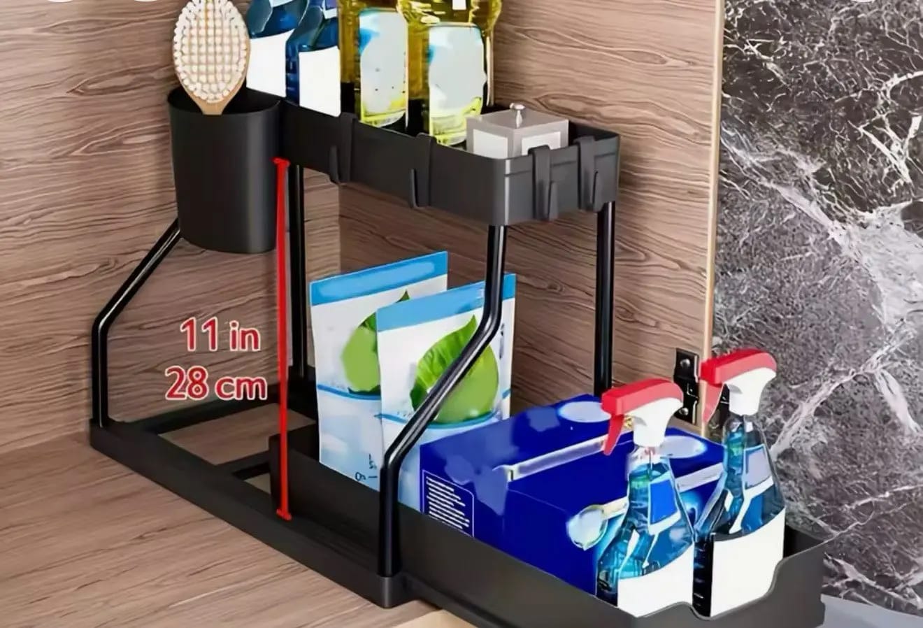 Customer photo review of Space Saving 2-Tier Under-Sink Pull-Out Storage Organizer for Kitchen & Bathroom