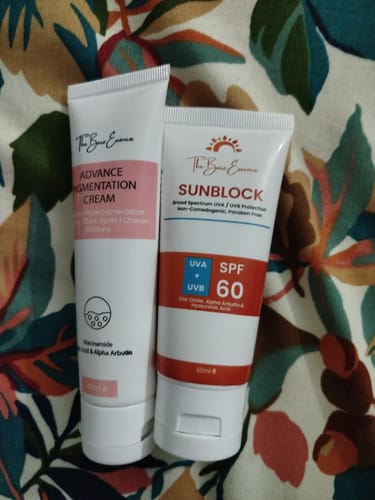 Customer's All Glow Pigmentation Bundle, featuring the Advance Pigmentation Cream and Sunblock tubes side-by-side.