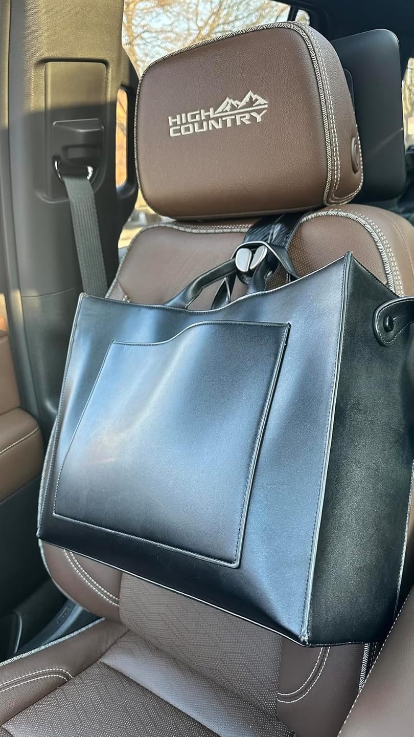 Customer photo review of BOLTHUT™ Leather Car Headrest Hooks — Back-Seat Bag Hangers