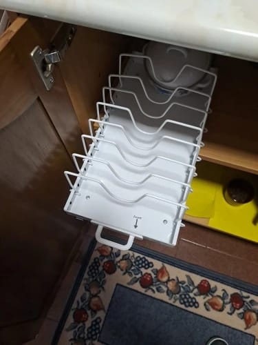 Customer photo review of Under-Cabinet Sliding Pots and Pans Organizer with 8 Adjustable Dividers