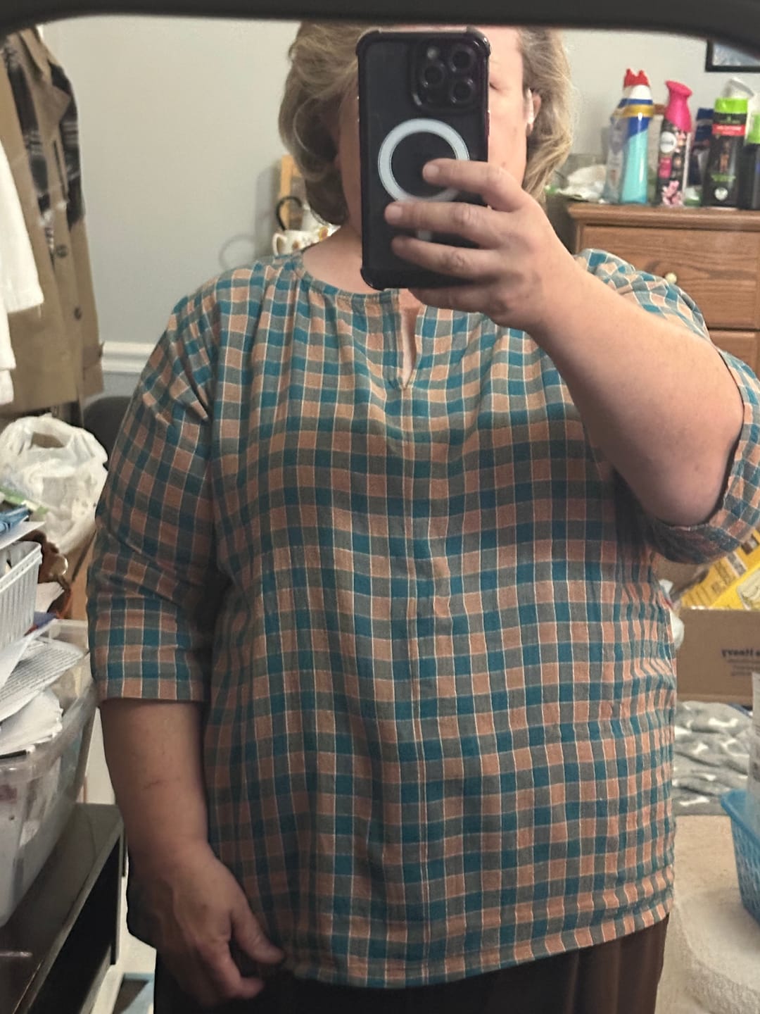 Customer photo review of Green and Brown Checkered Cotton Split Neck Tunic Top