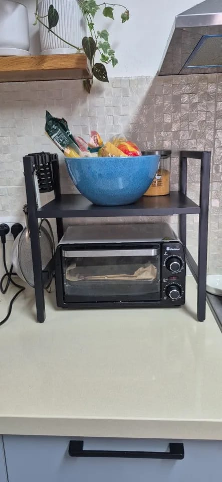 Customer photo review of Expandable Microwave Shelf with 6 Hooks Kitchen Storage Rack Extendable 40-64cm