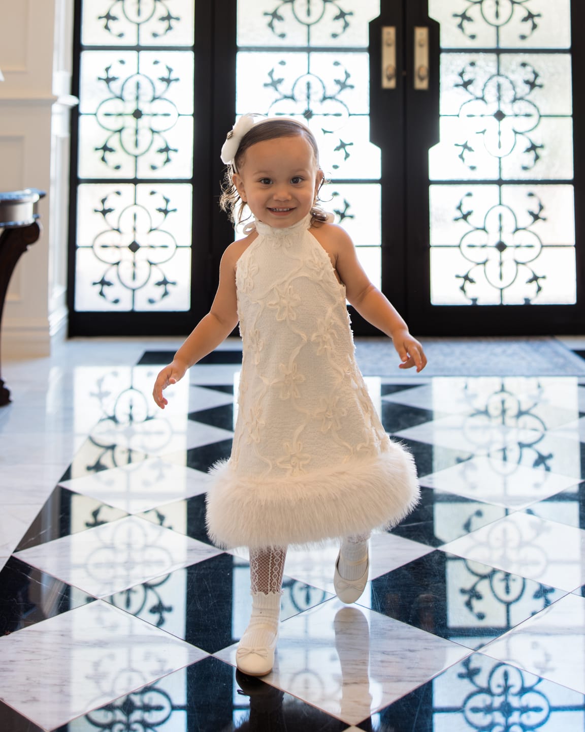 Customer photo review of Ava Ivory Flower Faux Fur Dress