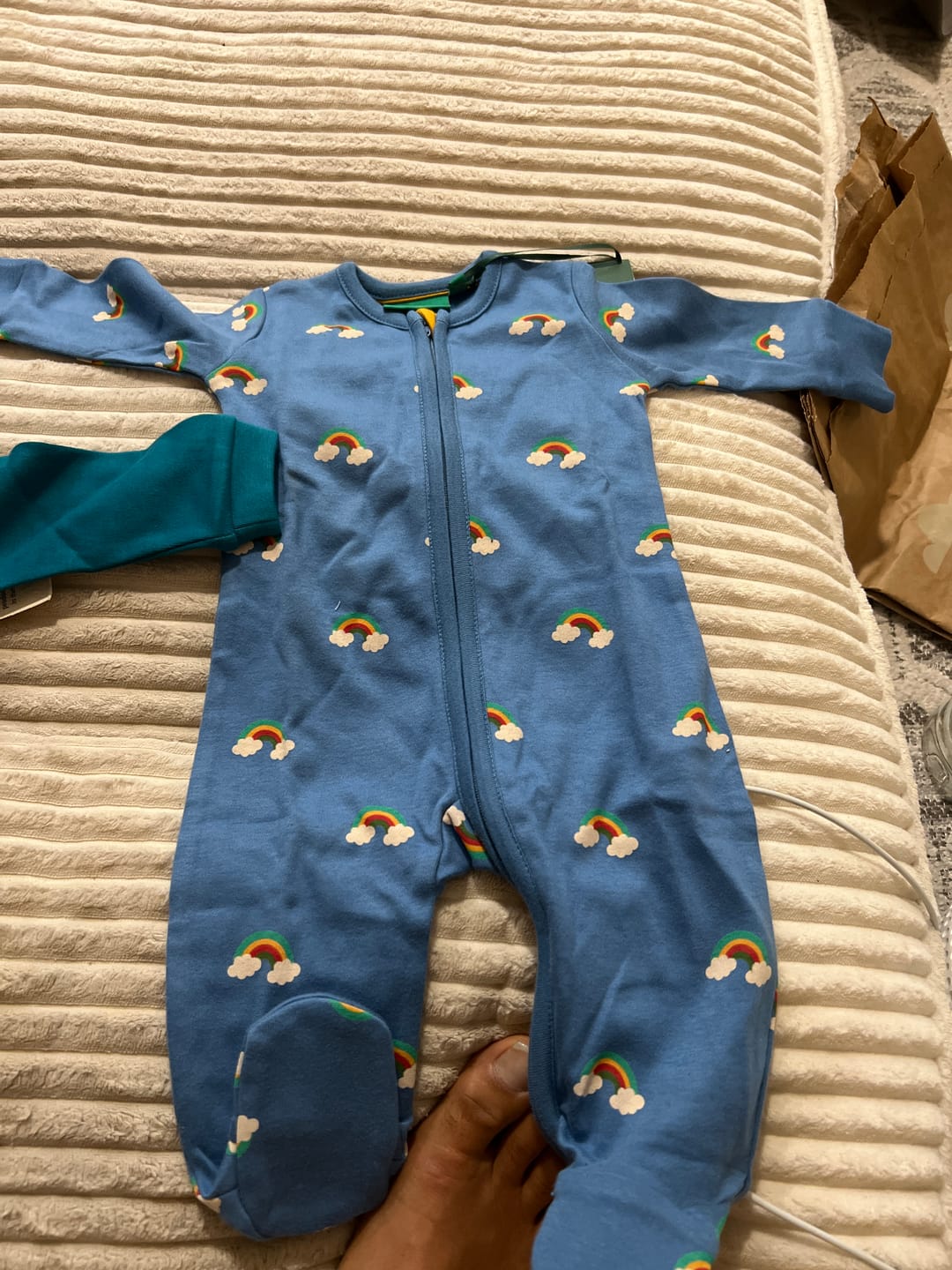 Customer photo review of Blue Rainbows Zip Organic Babygrow