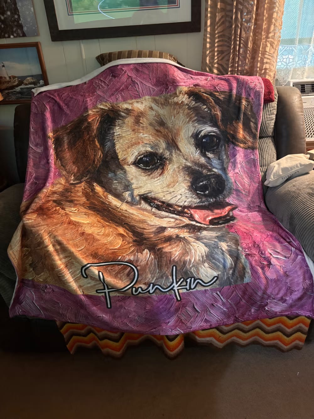 Customer photo review of Personalized Oil Painting Style Pet Photo Soft Throw Blanket with Name Home Decor Birthday Pet Memorial Gift for Pet Lovers